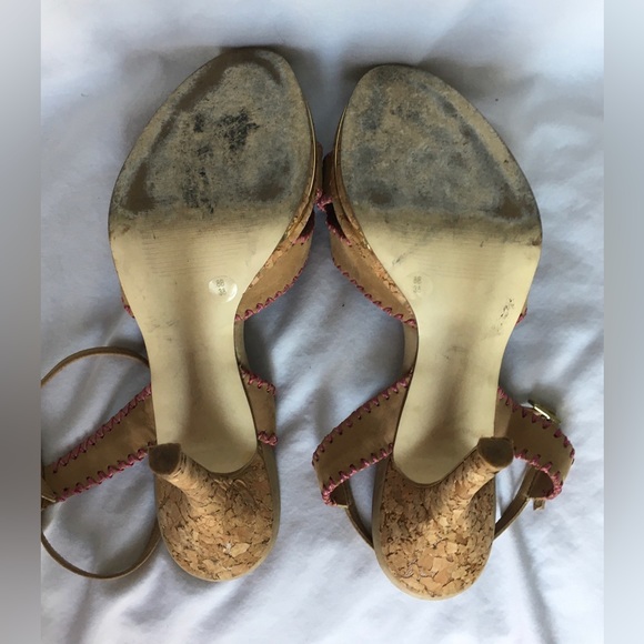 Y2k Bcbg cork tan/pink summer heels with gold trim - Picture 9 of 9